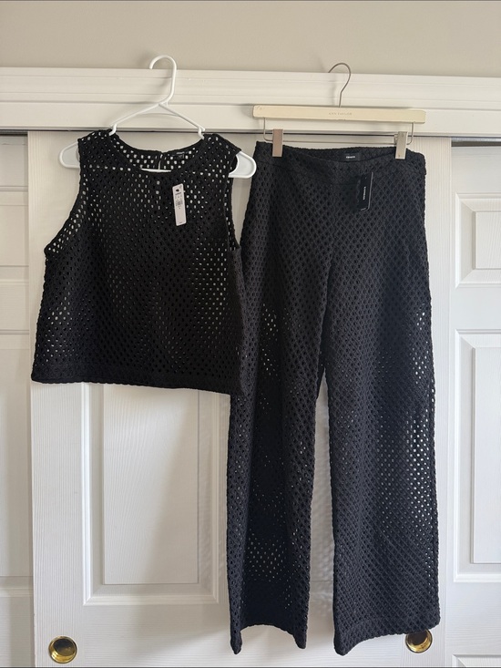 Express Pants - Express Black Crochet Wide-Leg Pants with Matching Cropped Tank Set